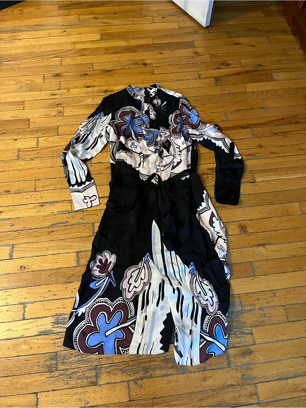 Reiss Black Floral-Print Long Sleeve Midi Dress with Blue Accents